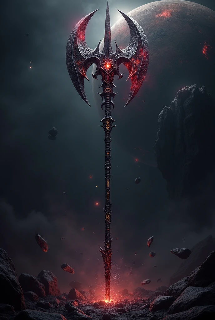 Halberd of hell abbys, halberd super detailed((search image of halberd for reverence)),1,8 meter halberd Long,human long halberd,halberd head is slimmer,have a shape like demonic dragon head,have a long spike at head weapon,the spear tip long on top,long ,abbys aura,dark abbys,crescent moon halberd featuring,mysterious red and purple halberd,planet shatter at background,planet shatter detailed,the planet split in two part background, destruction planet detailed,planet split,moon split and broken((image for planet split in two part)),silver pattern and golden rune around,abbys dark,dark style,evil ways, demonic God weaponery,evil background,destruction everywhere, ultra hd,24K ultra hd, better quality, masterpiece, ultra realistic halberd