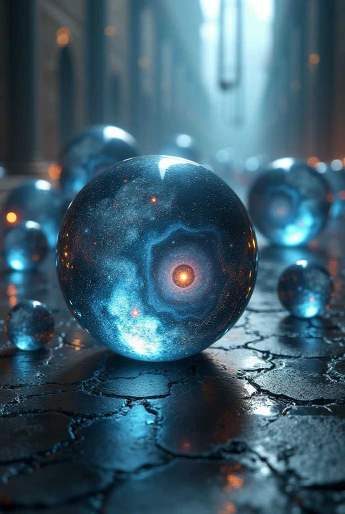 Many glass balls of various sizes rolling on the floor,The universe inside a glass sphere,star雲,star,Black Hole,吸い寄せられるstar,star雲,high resolution,最high resolution,Real,4K,8k,Artwork,