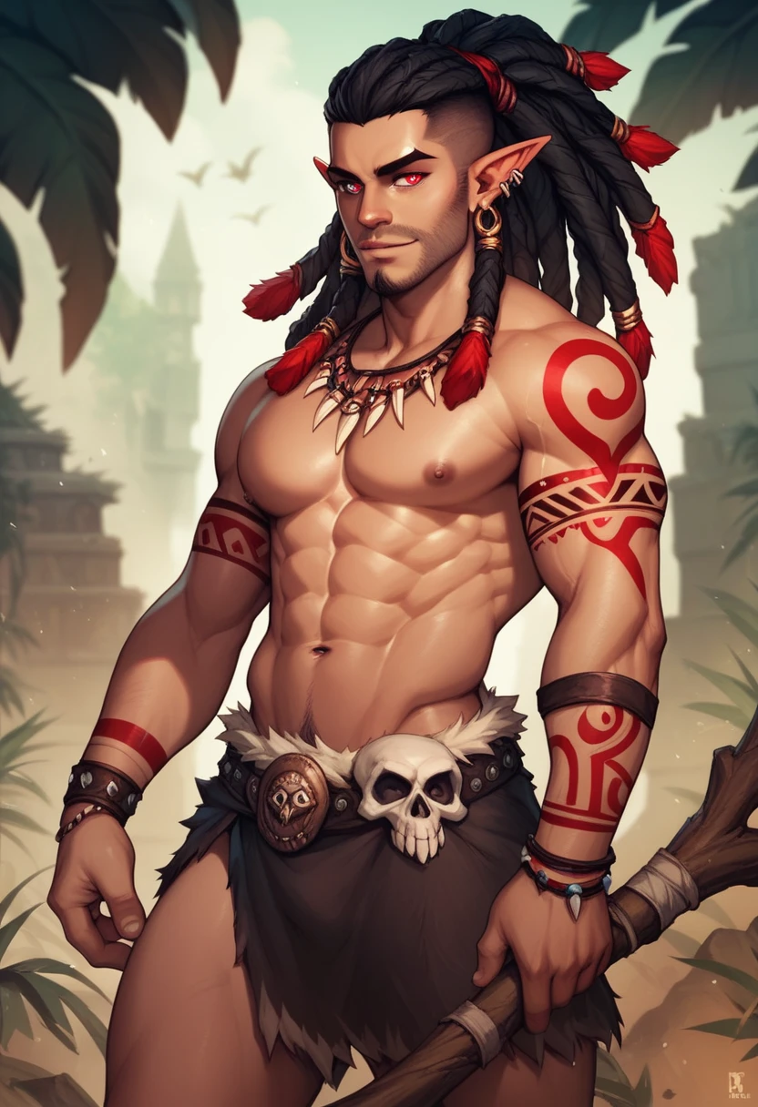 Human Male,Elf ,A father figure  , Black hair dreadlocks , red highlights ,red pupils ,tribal tattoos   ,  skulls,pose