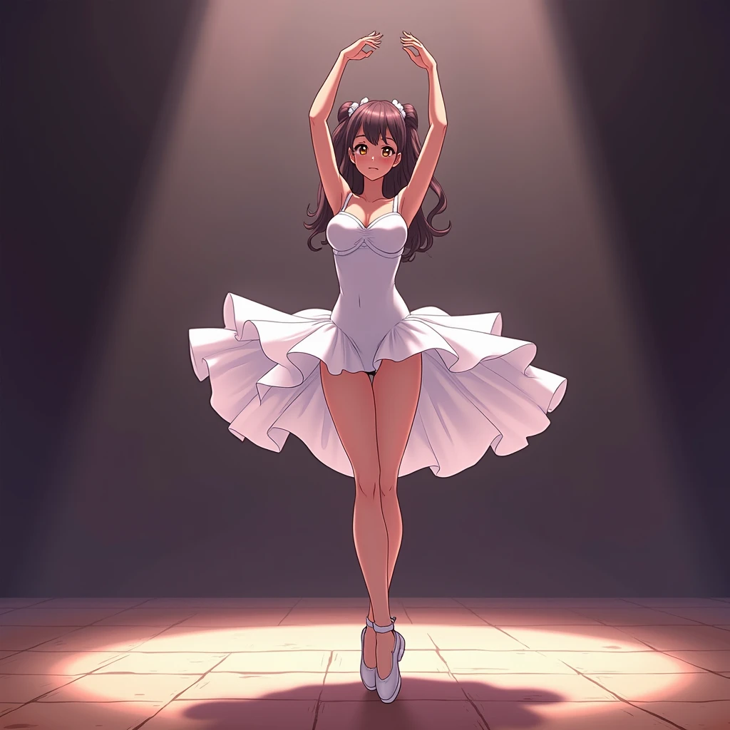 anime Illustration of a ballerina, white costume, tutu, camera perspective from underneath her thighs, showing pelvis, low shot, exposed thighs,
close up of crotch area from below, camera looking up, raising arms and legs, low camera angle, close up of under skirt, showing from underneath tutu skirt, kicking one leg, shot angle from underside, one leg raised up high, inner thighs, underwear, exposed crotch, visible groin, pubis mons, spread legs, on stage, looking from below, one leg raised up, tutu blown up, close up of crotch area from below