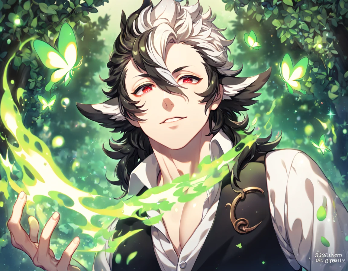absurdres, highres, ultra detailed, HDR, master piece, best quality, extremely detailed, detailed eyes, Keaton, black and white hair, expressive red eyes, Fire Emblem Fates, solo, sexy man, sensual, handsome, adult face, white shirt, black vest, unbuttoned shirt, under a green tree, fantasy, magical, glittering fireflies, green butterflies, green flames, magic, green leaves