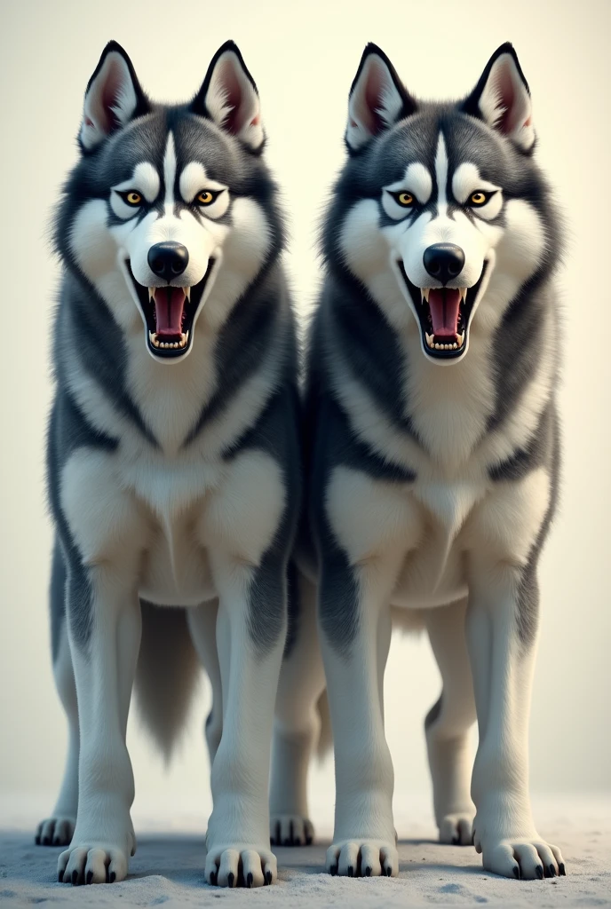 Draw two Siberian Huskies standing side by side hungry and angry 