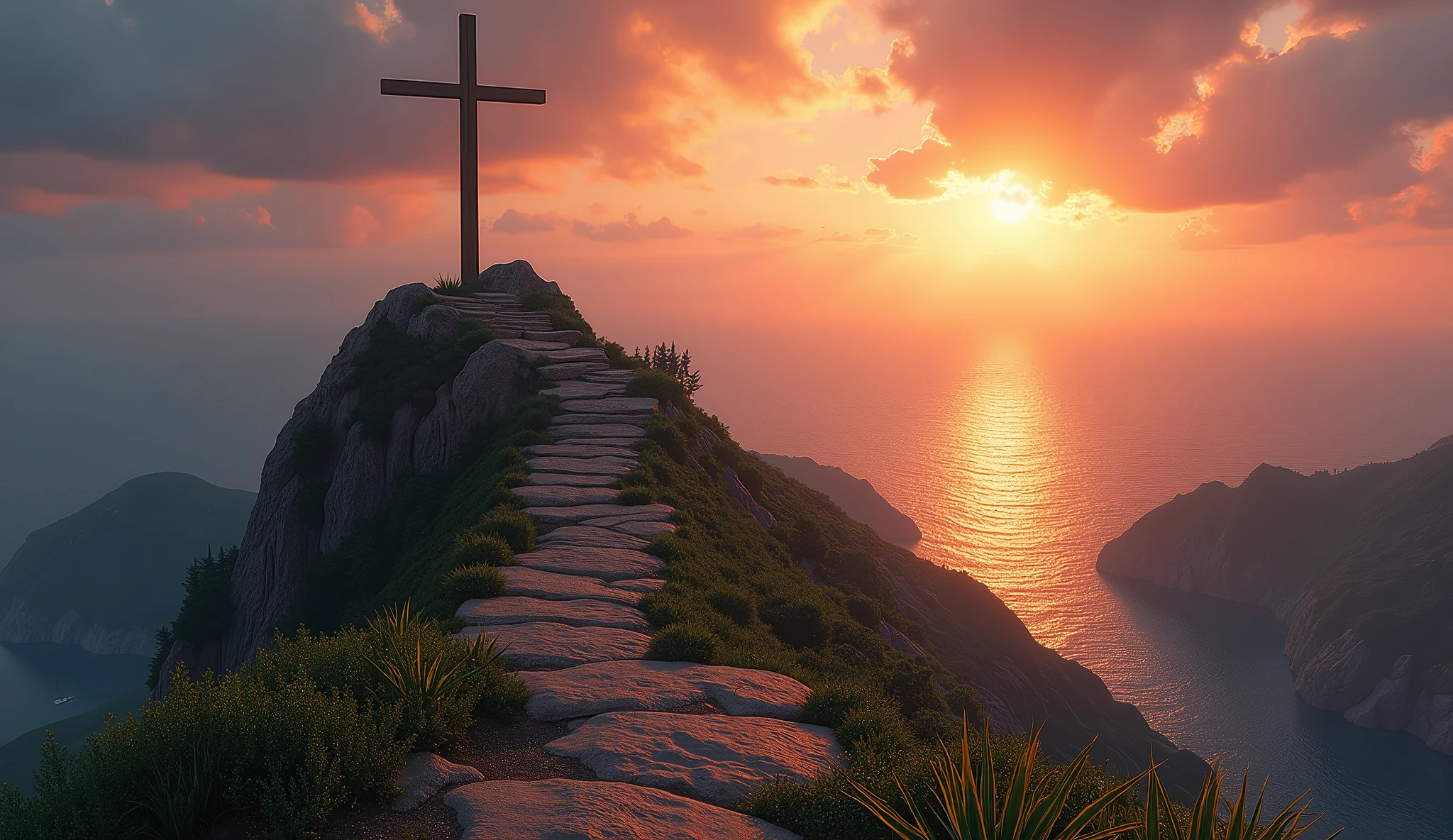 A mountain with a path leading to a cross, with a sunset and a huge sea in the background 
