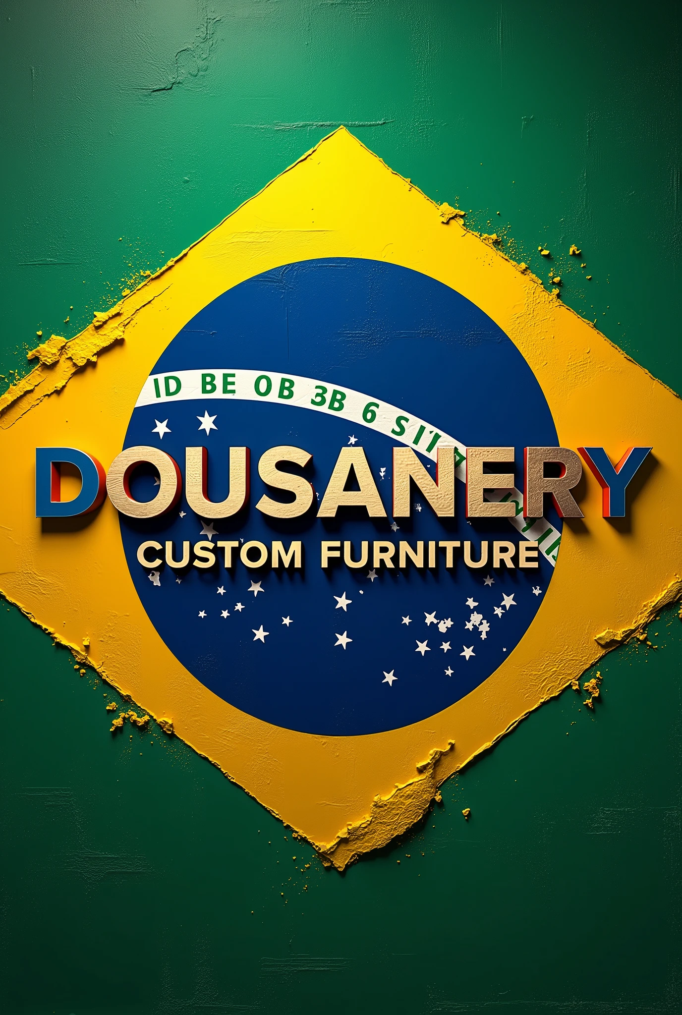 Create an elaborate written logo "DSOUSANERY CUSTOM FURNITURE " IN CAPITAL LETTERS BRAZILIAN PORTUGUESE IN THE COLORS GREEN, YELLOW, BLUE AND WHITE  