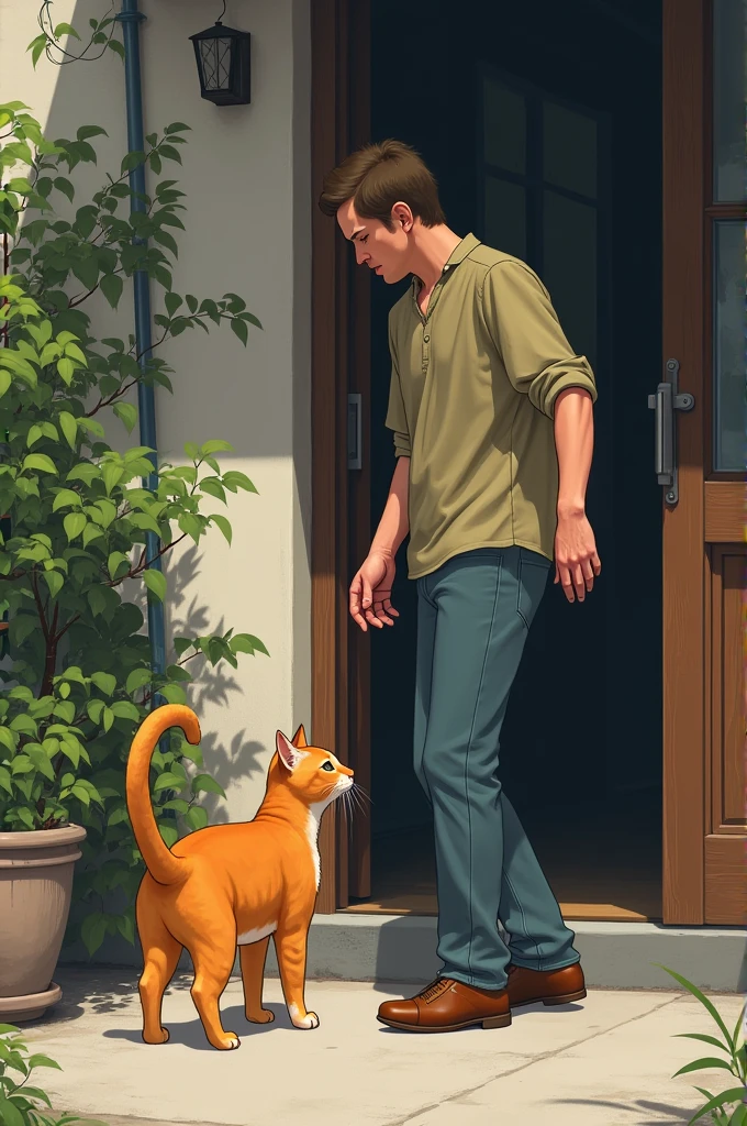 He is going to orange cat outside door.
