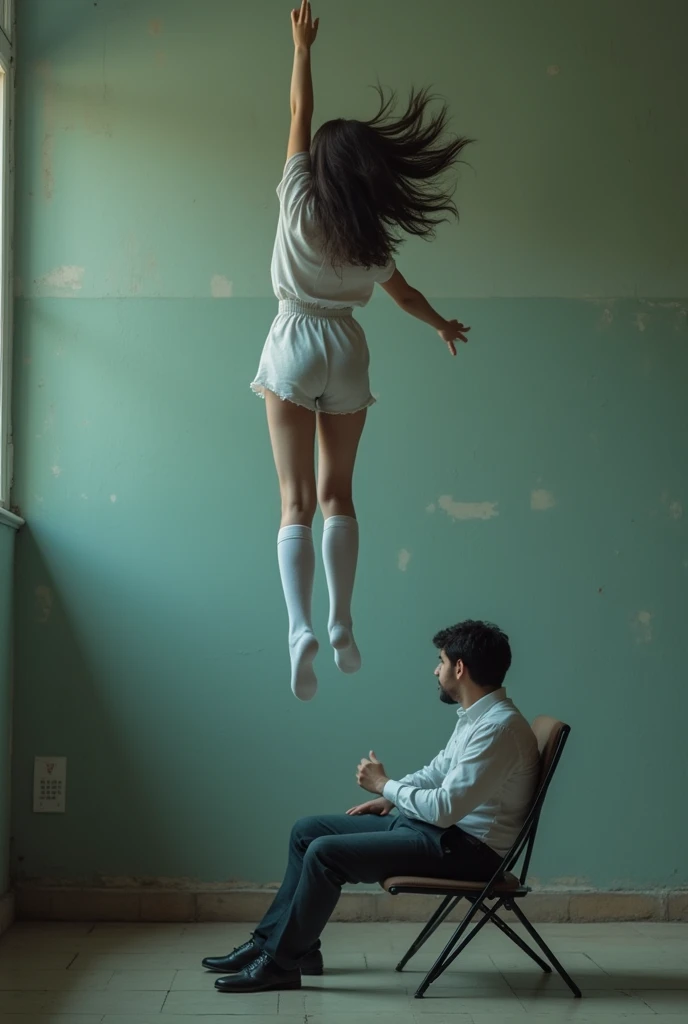 Scene of female student wearing white thigh high socks hanging herself to death ,hovering in the air , a man sitting on the ground in panic with a chair on the ground 