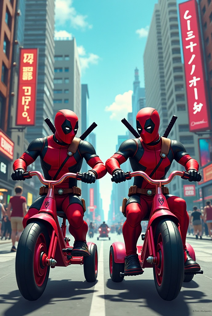 Deadpool and Ladypool riding tricycles on a city street