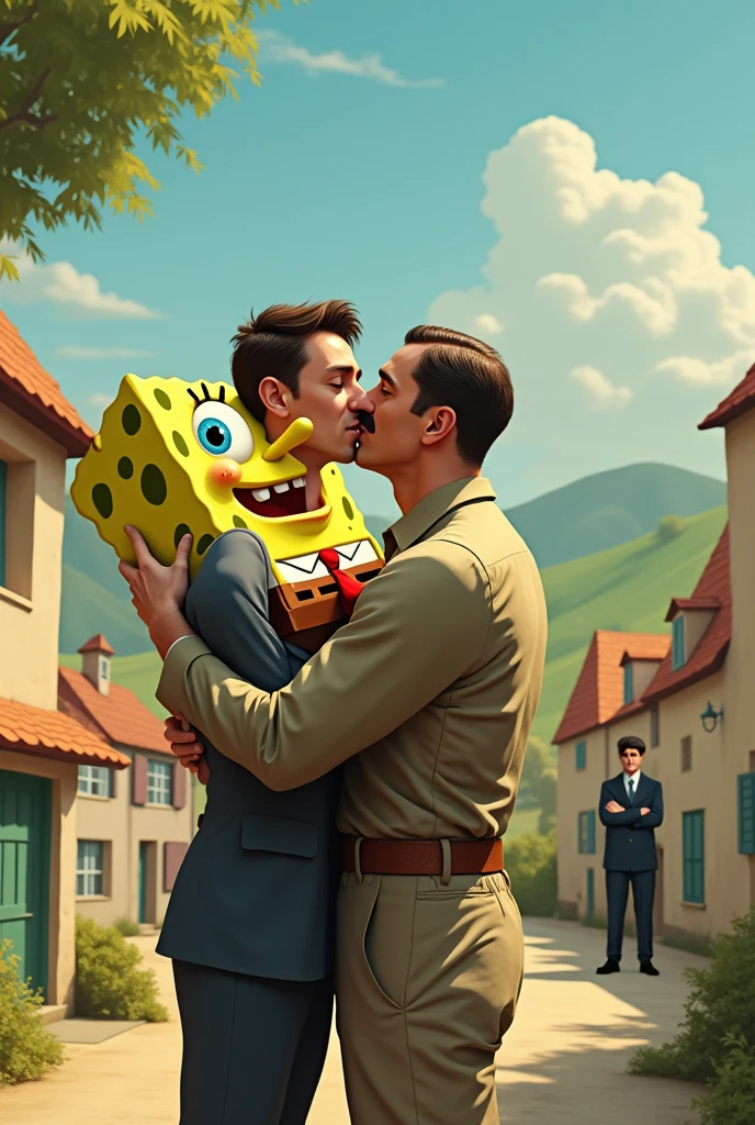 a guy kissing SpongeBob in France Hitler watching