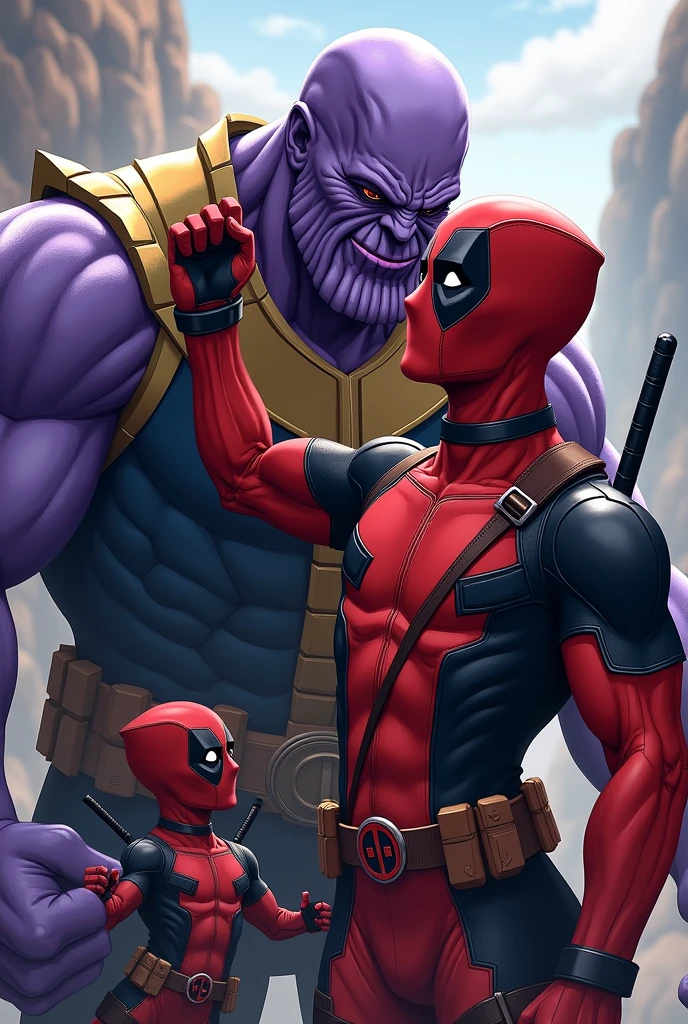 Deadpool rubbing Thanos&#39; head.