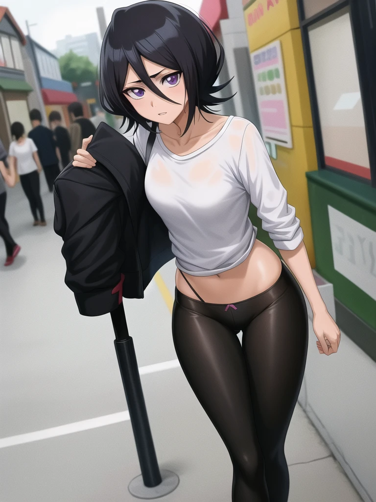 captured anime fantasy, forst,pathway,
1 girl, standing alone, shorth hair, Bblack hair, purples eyes, Cramped, tight wet black leggings,She is alone on a street full of shops,tight black panties