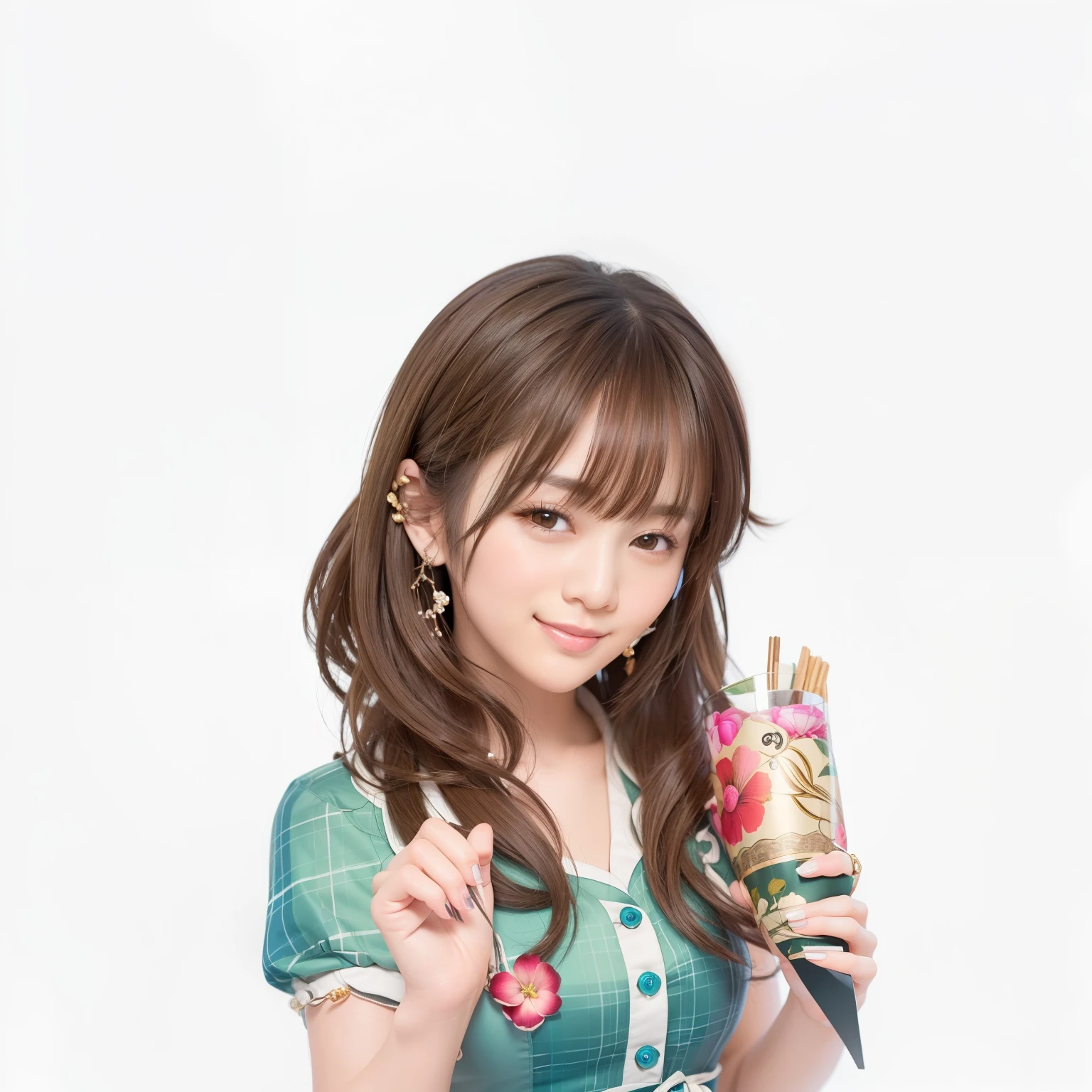(best quality:1.5), (masterpiece:1.5), (Realistic:1.5), ((Portrait)), very detailed, high resolution, 8k, cute Japanese woman, cute beauty, (medium breasts), thin lips, detailed face, Beautiful and elegant face, cute face, natural bangs, arched eyebrows, well-groomed eyebrows, (big eyes with a good balance between the left and right sides), cute eyes, beautiful eyes, beautiful thin nose, beautiful face line, (beautiful skin), medium Hair, (natural bangs:1.5), (Gentle smile), smooth skin skin, fair skin, (Natural Light:0.8), (lighting forward:0.8), (lighting front:0.8), (Flat lighting:0.8), (cute smile), Detailed fingers, beautiful hands, (round face:1.4),
