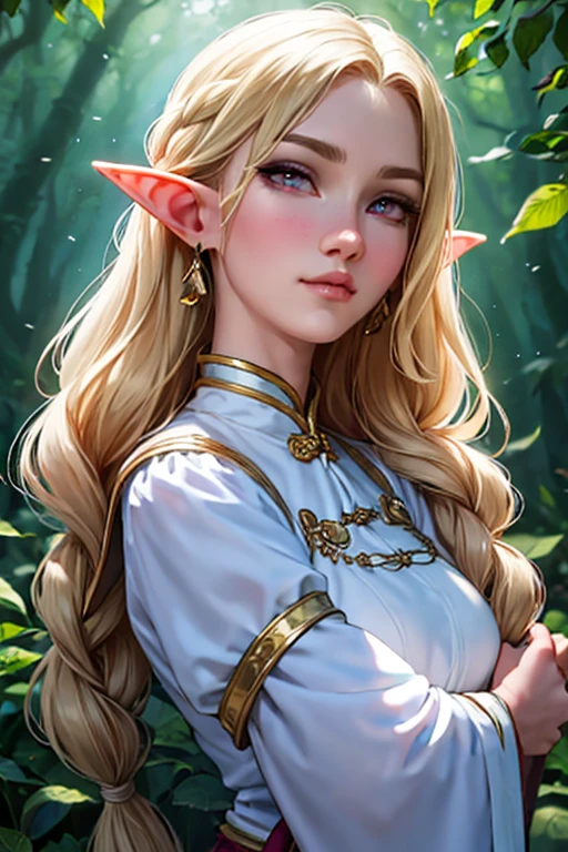 a elegant fantasy female elf, masterpiece, best quality, extremely detailed and highly adorable face looking at viewer, 1 girl, belt, close-up, looking at viewer, 4k, highres, full body, long blonde braided hair, blue and white shirt, large bust, pink eyes, soft color palette, calm forest clearing background, holding thin blade sword, traditional chinese outfit