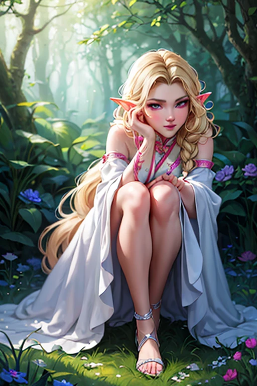 a elegant fantasy female elf, masterpiece, best quality, extremely detailed and highly adorable face looking at viewer, 1 girl, belt, close-up, looking at viewer, 4k, highres, full body, long blonde braided hair, blue and white shirt, large bust, pink eyes, soft color palette, calm forest clearing background, holding thin blade sword, traditional chinese outfit