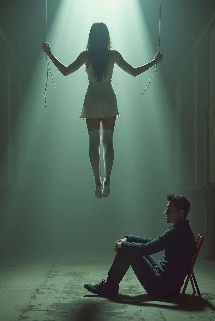 Scene of female student wearing white thigh high socks hanging herself to death ,hovering in the air , a man sitting on the ground in panic with a chair on the ground