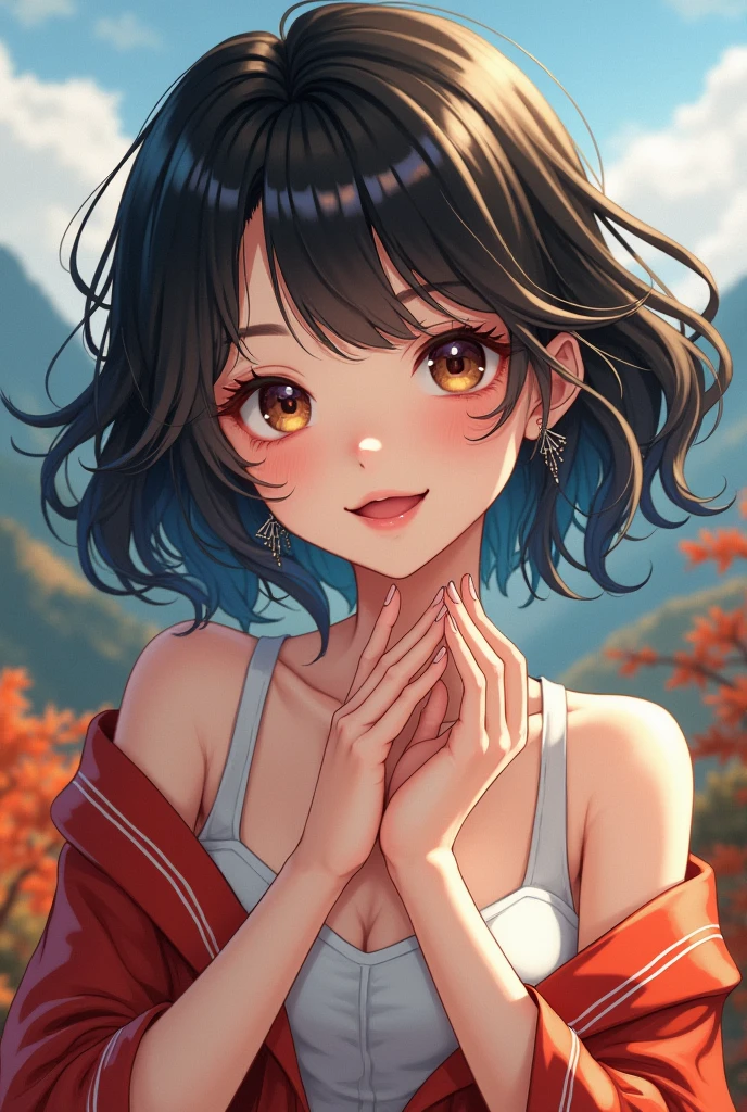 ((masterpiece)), ((Highest quality)), (Beautiful Japanese girl portrait), Eye for perfect detail, Face in perfect detail, Very elaborate nose, Open your mouth, ((Perfect muscle)), Perfect Teeth, A well-defined body, Tight clothing that shows the lines of the body, Charm, Perfect Face, Dimples on cheeks, Depth of written boundary, High resolution, ((Incredibly realistic skin texture)), (Well-proportioned hands), Thin lips, Random color hair, Floating multicolored hair, Narrow waist, Autumn mountain background