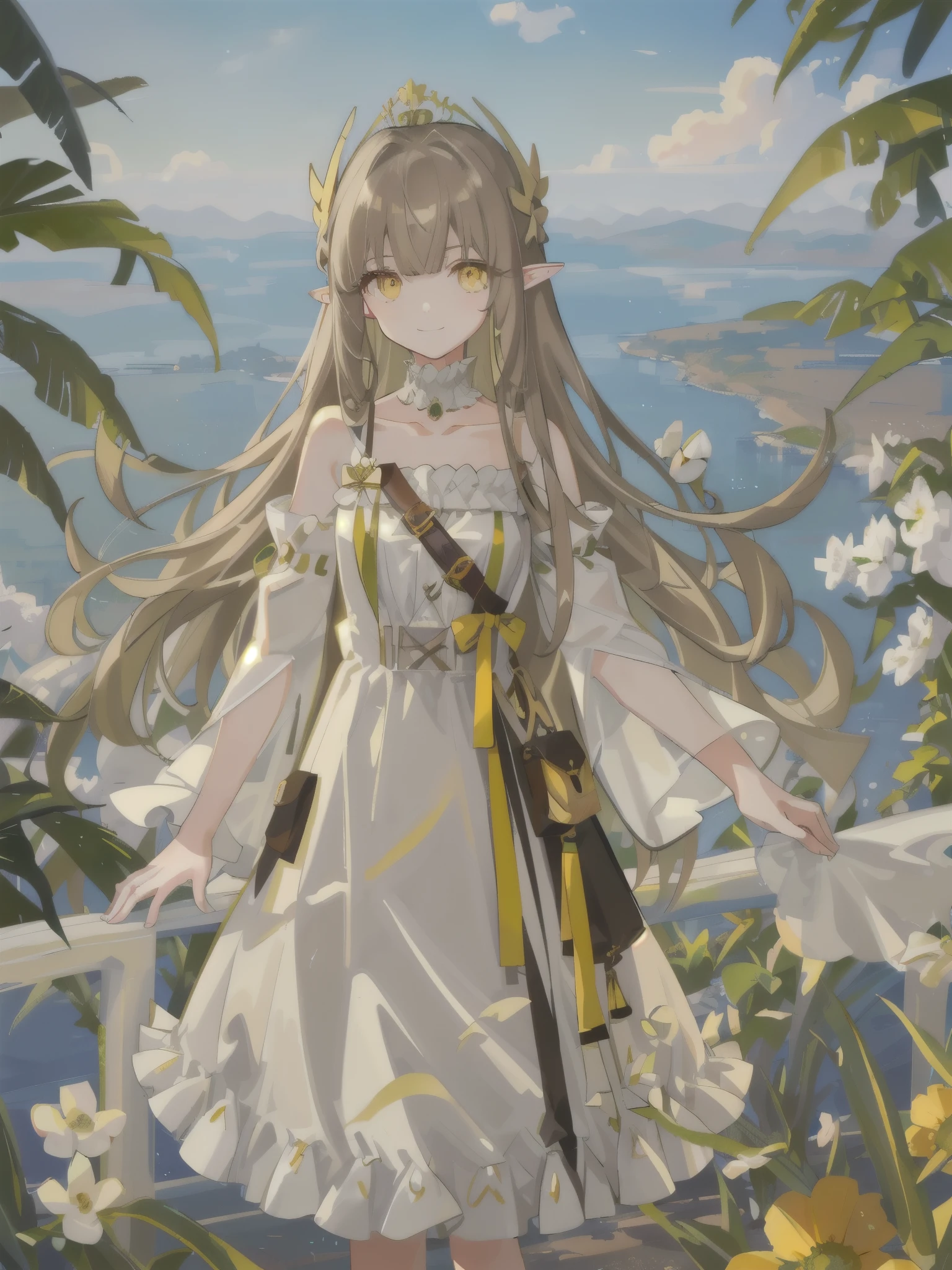 tmasterpiece，Best quality，
1girll， scenecy， in a panoramic view， overlooks，（Faraway view）， 
mumu，long whitr hair，Brown hair and green hair，pointy ears，Yellow eyes，hair adornments，Moles under the eyes，little breast，clavicle，By bangs，
white dresses，Look to the lens，ssmile，the setting sun，