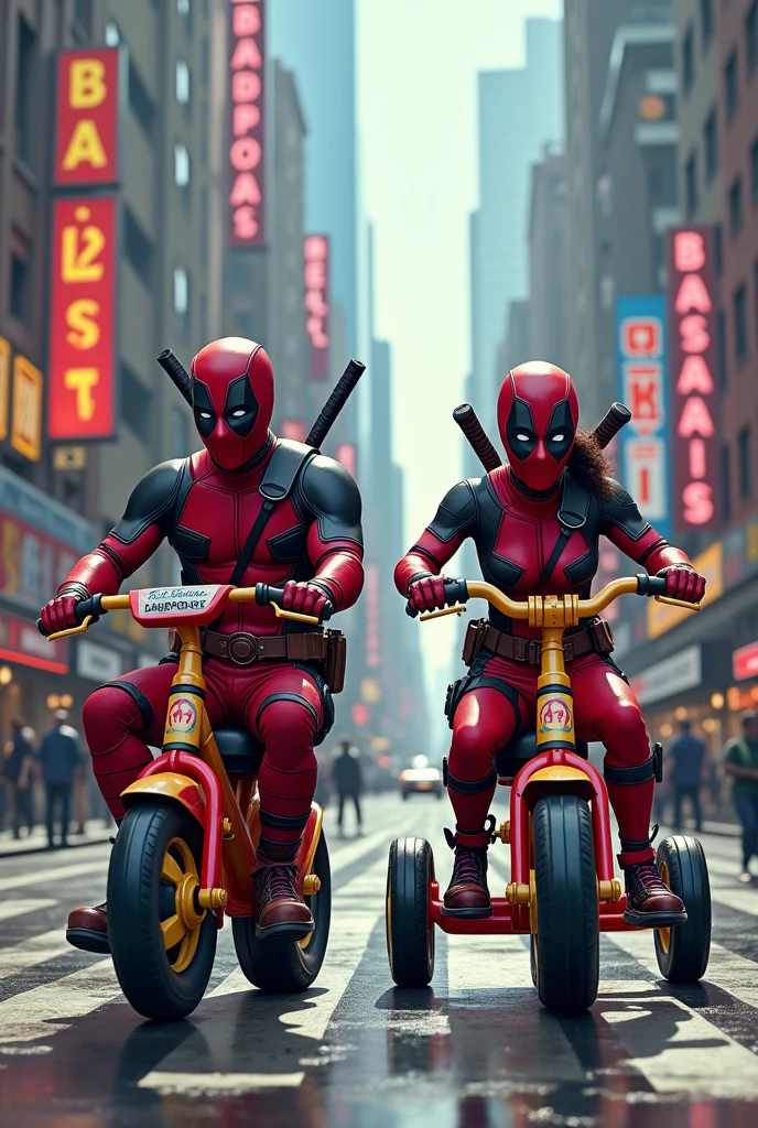 Deadpool and Ladypool riding tricycles on a city street 