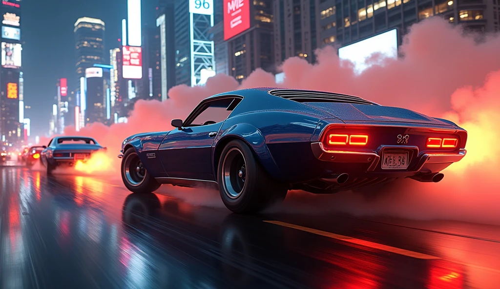 A side view of the cars from ground level, showing the powerful engines revving, tires smoking, and the bright city lights reflecting off the glossy surfaces of the vehicles