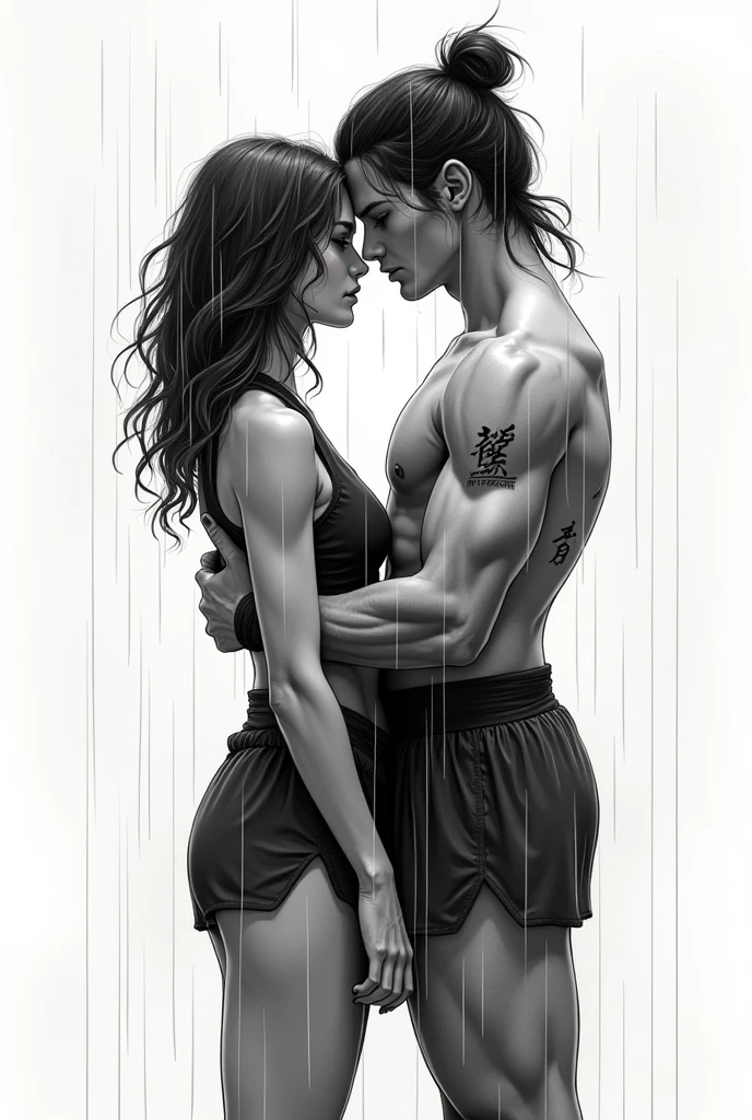Create an art , minimalistic , Simpler , of a couple in love , under the rain , the woman with brown hair, medium wavy, They are both martial arts fighters and they are fighting but they love each other , to be used in a black and white tattoo