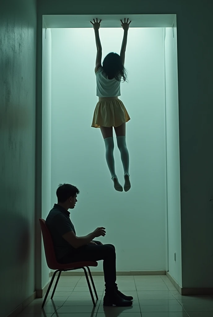 Scene of female student wearing white thigh high socks hanging herself to death ,hovering in the air , a man sitting on the ground in panic with a chair on the ground