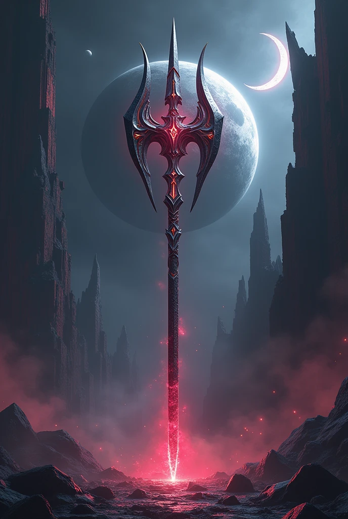 Halberd of hell abbys, halberd super detailed((search image of halberd for reverence)),1,8 meter halberd Long,human long halberd,halberd head is slimmer,have a shape like demonic dragon head,have a long spike at head weapon,the spear tip long on top,long ,abbys aura,dark abbys,crescent moon halberd featuring,mysterious red and purple halberd,red and purple combination color,planet shatter at background,planet shatter detailed,the planet split in two part background, destruction planet detailed,planet split,moon split and broken((image for planet split in two part)),silver pattern and golden rune around,abbys dark,dark style,evil ways, demonic God weaponery,evil background,destruction everywhere, ultra hd,24K ultra hd, better quality, masterpiece, ultra realistic halberd