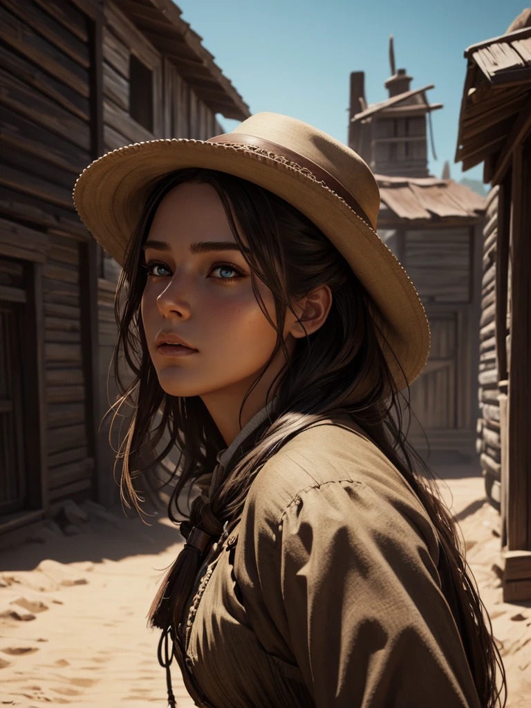 Hyperrealistic 1 girl in Old West clothing, fantasy art, photorealistic, dynamic lighting, ArtStation, very detailed face, 4K, award-winning,