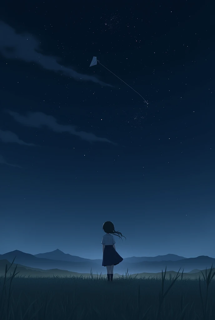 Anime of a field and a girl standing in the middle wearing a school uniform admiring the stars and passing a kite at night