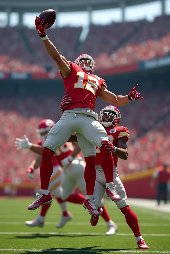 Can you make a picture of travis kelce catching a touchdown over 6 defenders in the nfl. Make him look like hes the best tightend in the world
