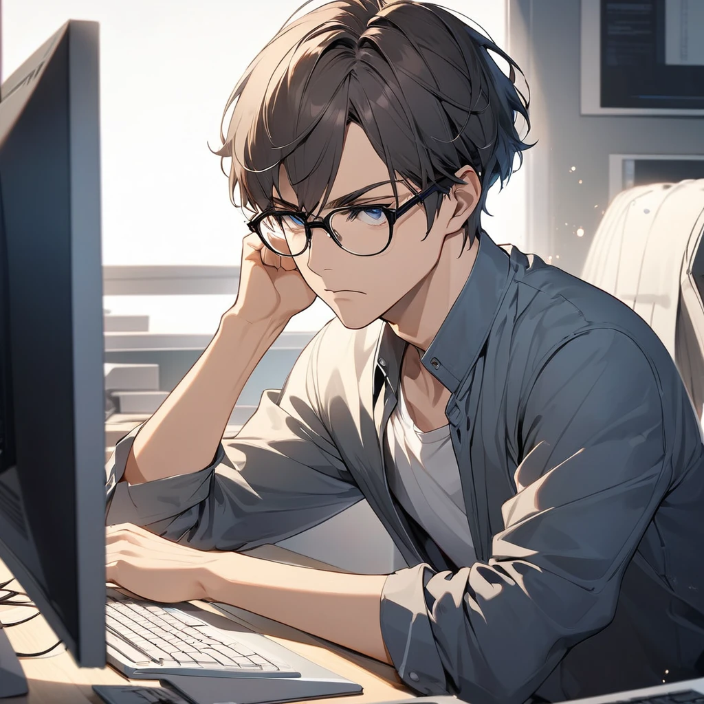 designing at a computer,Short hair, male, gentle image, wears glasses, serious