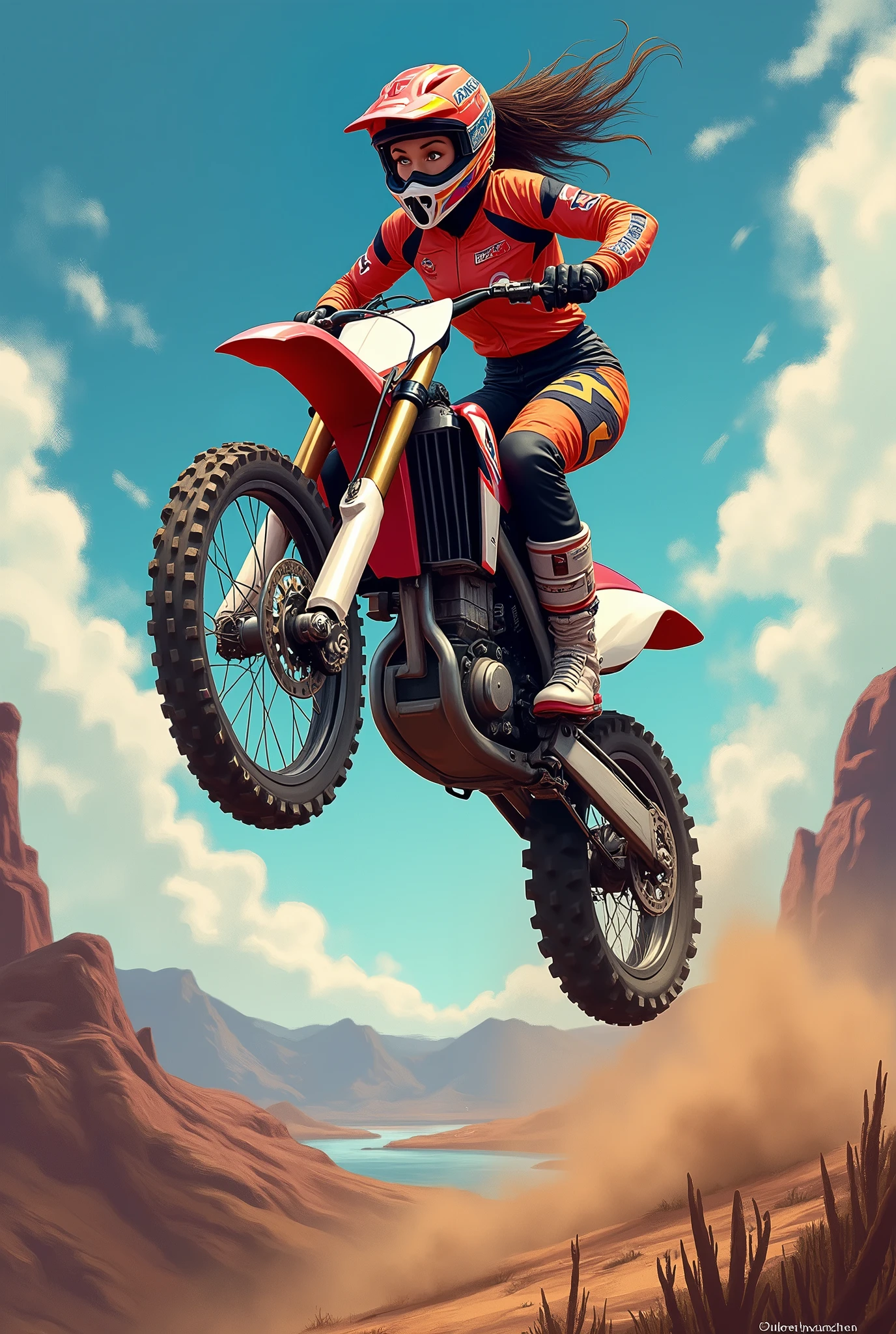 Motocross female rider ramp jumping drawing