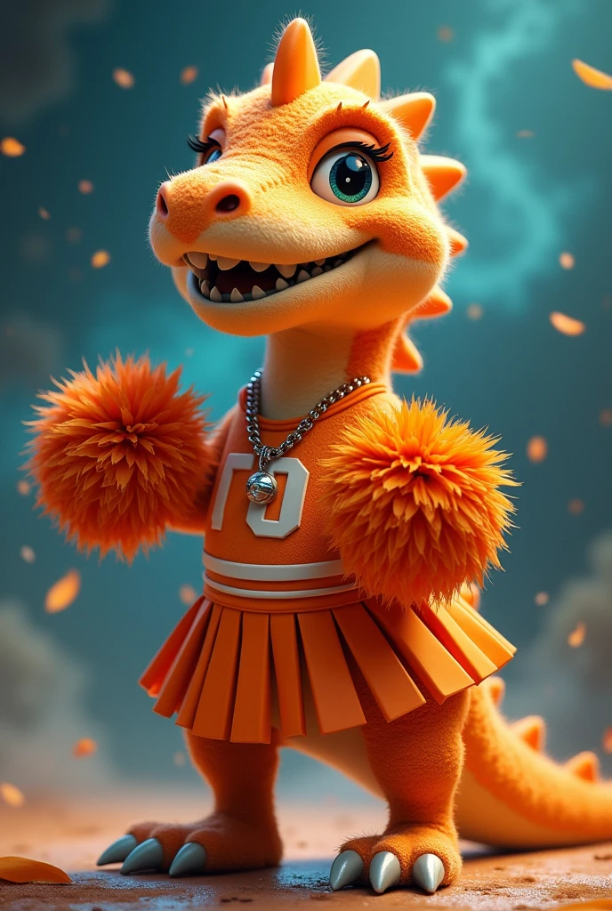 make a friendly furry dinosaur cheerleading costume from those basketball team cheerleaders, but make this one volleyball, and the cute orange color that looks like a fantasy and reminds me of a dinosaur with a tiny volleyball ball necklace