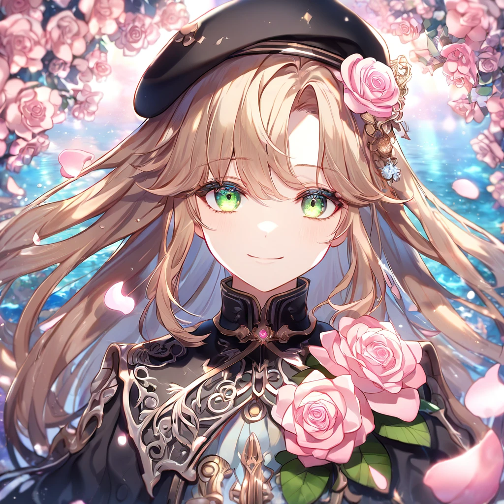 absurdres, highres, ultra detailed, HDR, master piece, Heroine, light brown hair, middle-lenght hair, expressive light green eyes, black beret, black coat, light blue dress, pink rose at the side of her head, Amnesia Memories, woman, handsome, best quality, pink blossoms, pink petals, pink flowers, fantasy, magical, pink shining fireflies, solo, water, extremely beautiful, smiling