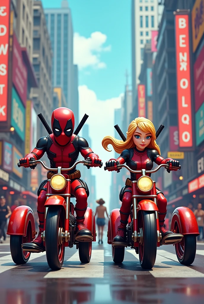 Deadpool and Blonde Ladypool riding tricycles on a city street 