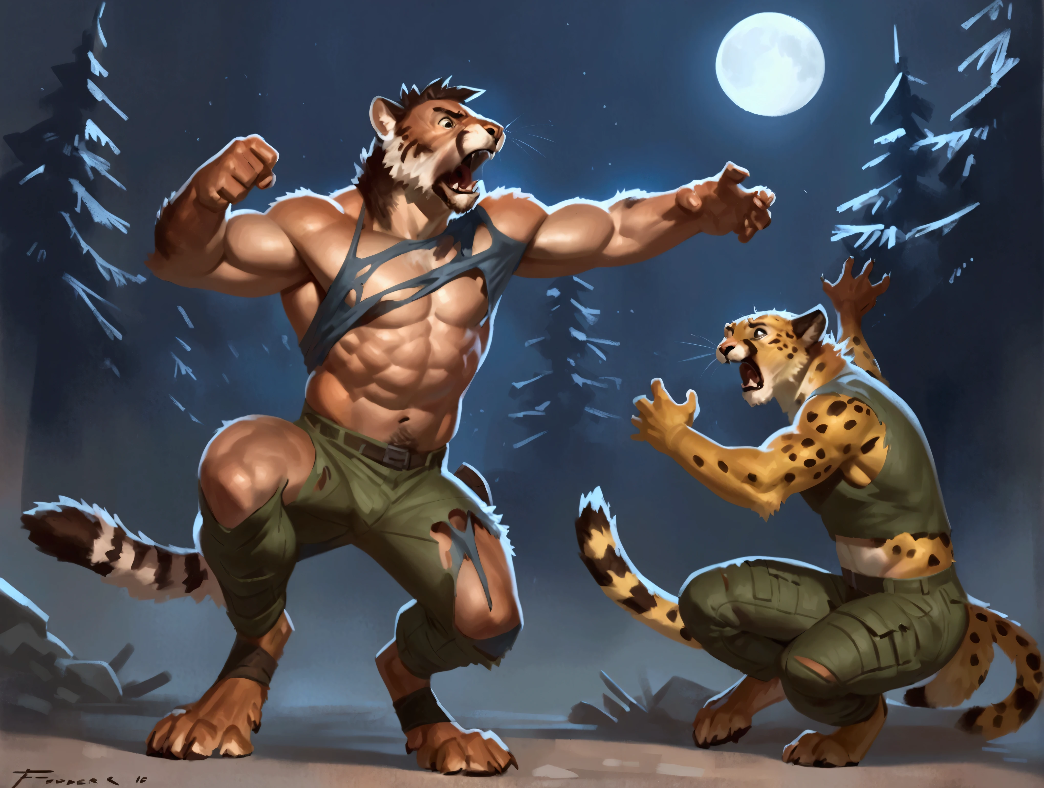 male brown tiger cheetah, mid transformation, illustration, solo, abs, pecs, masterpiece, best art, full body, digitigrade, by taran fiddler, torn pants, torn shirt, detailed hands, tall, detailed eyes, detailed torso, forest, angry expression, transformation, yelling, human face, standing, night, moon, 1 brazilian man,strong, abs, military haircut, brown skin, fight
