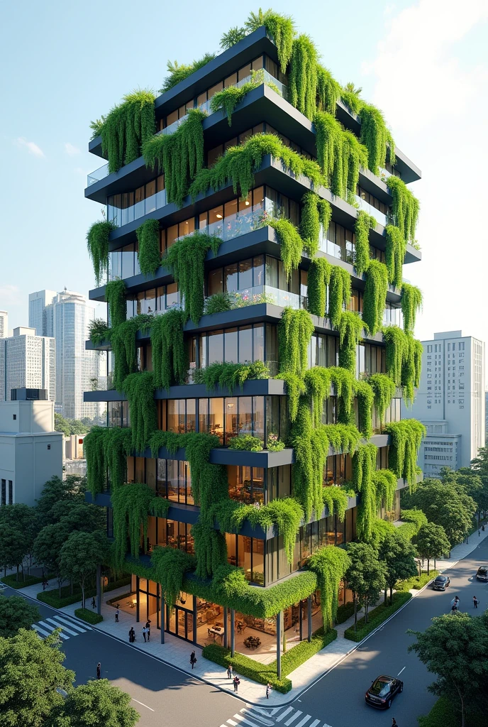 10 storey aesthetic commercial building with hanging plants and rooftop