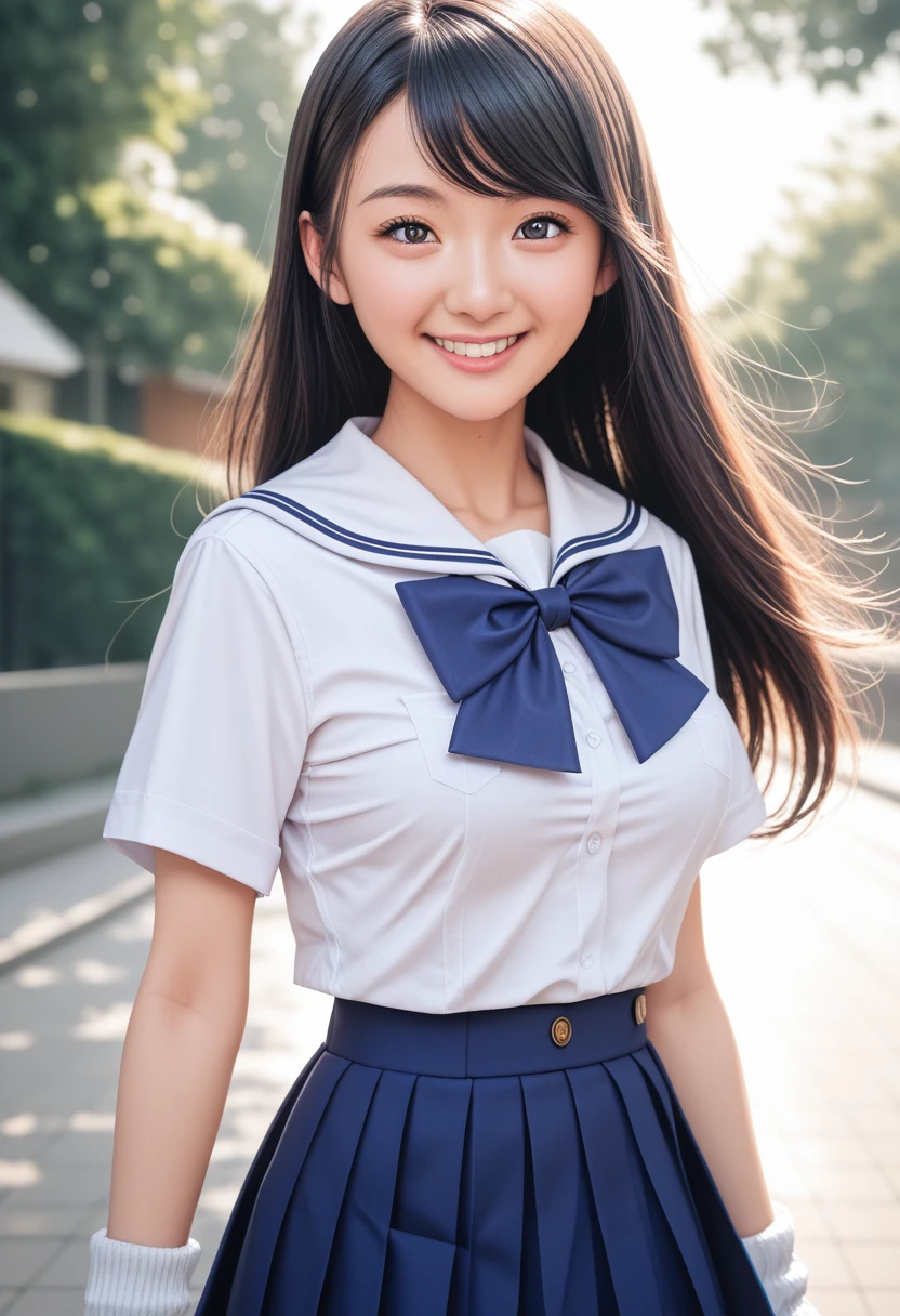 masterpiece, top quality, best quality, 
extremely detailed, 
super detailed, super detailed, fine detail, intricate detail, rim lighting, ray tracing, depth of field, high resolution, extremely delicate beautiful, Japanese, cute girl, Realistic Face, 17yo, 1girl,  slender, swept bangs, long hair, 
medium breasts, 
Summer school uniform, loafers, White loose socks, cowboy shot, smile, Standing