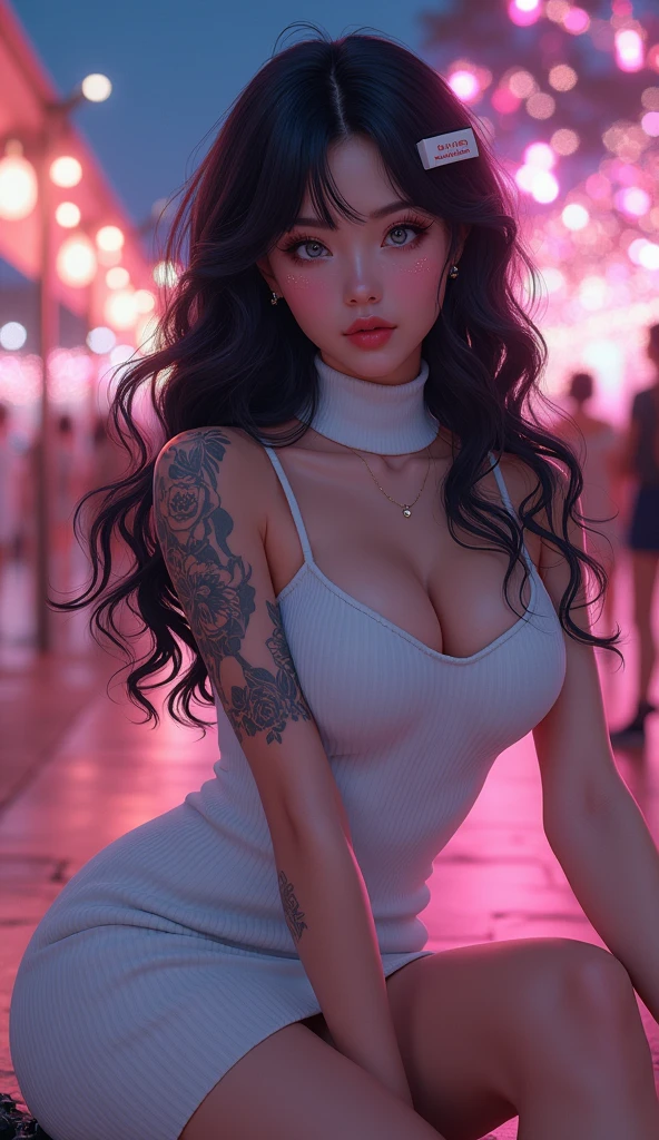 (best quality, ultra-detailed, photorealistic: 1.39), bright and vibrant colors, studio lighting, romantic expression, An effeminate girl, with a delicate and beautiful face. She is a girl who reflects seductive beauty, sparkling eyes, A Beautiful and adult tattooed woman and voluminous curly black hair, hair clip, crying a seductive 2 woman with big breasts seduces, matches the makeup, with her large breasts seduces, Turtleneck sweater, white wool, sleeveless, beautiful sweater dress, sitting, with beautiful legs, ankle boots, with her blue eyes that matches her soft smile, beautiful style, in a beautiful pose demonstrating her seduction on the in the park at night, beautiful event style decoration with lights and fireworks, night with soft lighting, anime style, like a manwha character