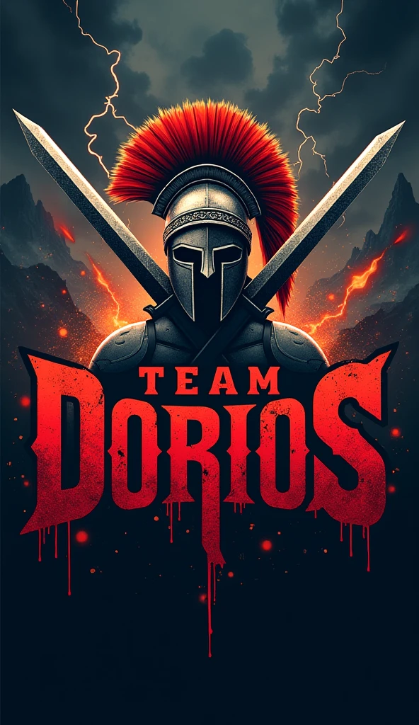 I want you to create a typical logo for an elite calisthenics athlete team..
To detail the idea The Logo Should have a Greek warrior helmet with 2 swords in front of it in X, The background will be like a dungeon of the underworld, dark and with flames that express lament, anger and fear. With Dragons Flying In The Distance And Thunder Falling With The Words Of "Team Dorios" In front of the logo, Big Letters With Blood That Inspire Respect And Inspiration.
And in the lower part of the image I want you to put the words "Calistenia Y Street Workout" With Radiant Matte Colors, That Generate Respect, Motivation and Inspiration"
