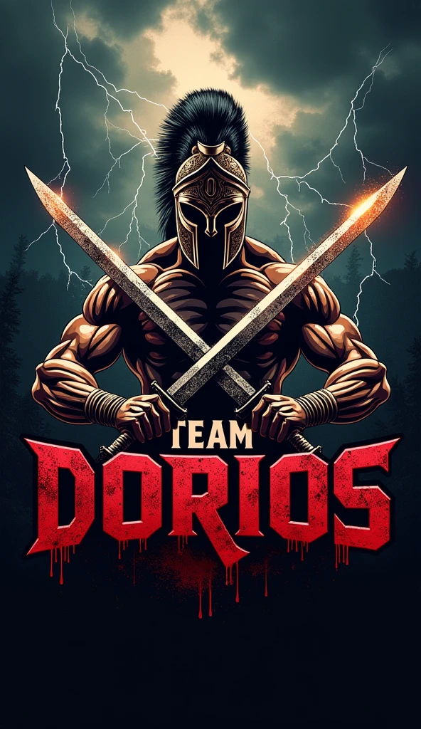 I want you to create a typical logo for an elite calisthenics athlete team..
To detail the idea The Logo Should have a Greek warrior helmet with 2 swords in front of it in X, The background will be like a dungeon of the underworld, dark and with flames that express lament, anger and fear. With Dragons Flying In The Distance And Thunder Falling With The Words Of "Team Dorios" In front of the logo, Big Letters With Blood That Inspire Respect And Inspiration.
And in the lower part of the image I want you to put the words "Calistenia Y Street Workout" With Radiant Matte Colors, That Generate Respect, Motivation and Inspiration"