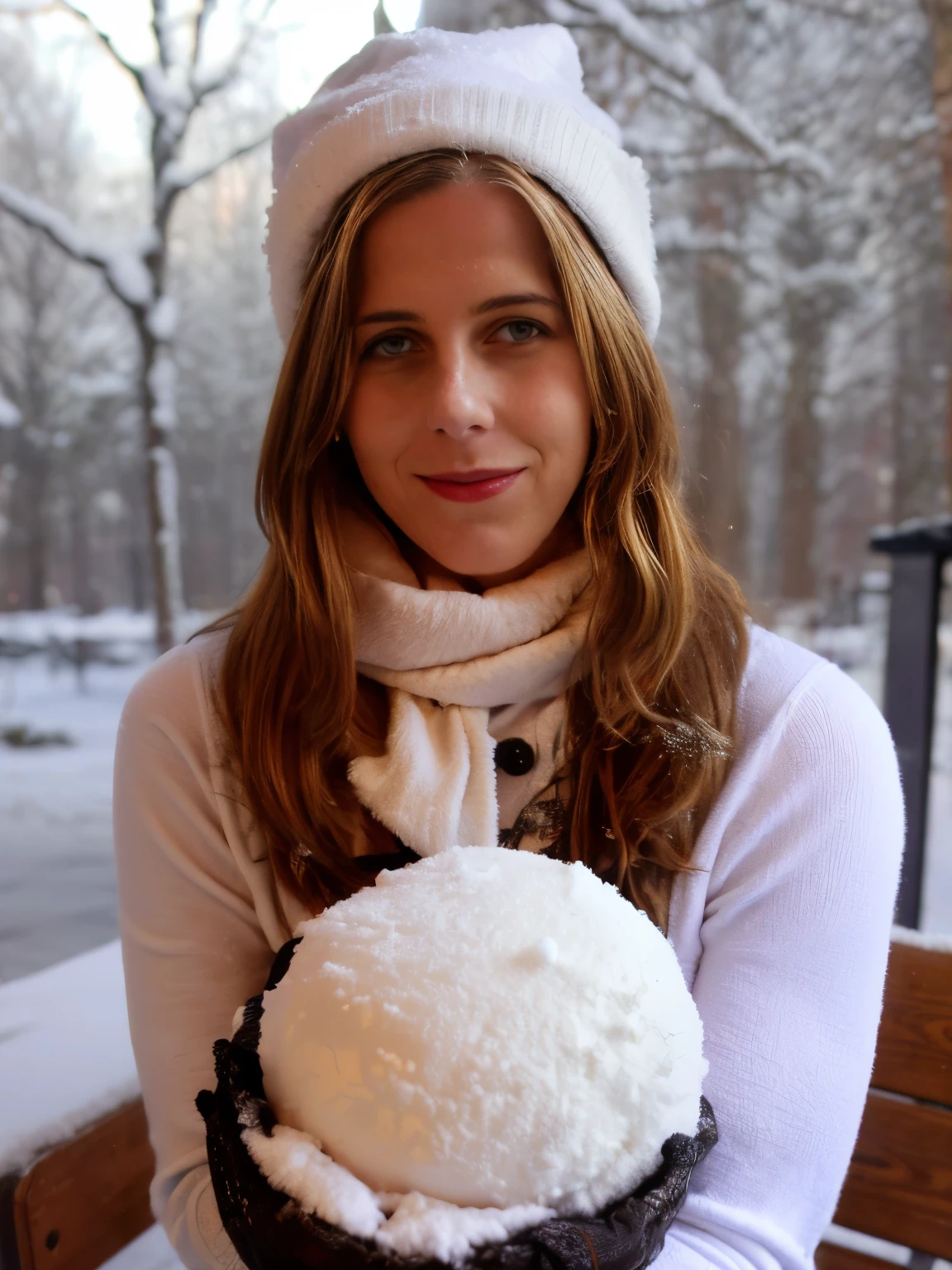 Winter Wonderland "Portrait of a pale skinny young blond seductive provocative dominant slightly smiling slender woman in good mood, in a cozy winter outfit with a fur-lined coat. She playfully builds a snowman or throws snowballs in a snowy landscape. The scene includes snow-covered trees, twinkling holiday lights, and a cheerful winter atmosphere."

Additional Items/Objects: winter outfit, fur-lined coat, snowman, snowballs, snowy landscape, snow-covered trees, holiday lights, winter boots, wool scarves, mittens, snow shovels, sleds, ice skates, hot cocoa mugs, snowflakes, pine wreaths, festive decorations, snow-covered rooftops, snow angels, winter hats, snow-covered fences, holiday garlands, Christmas stockings, snow-covered benches, holiday ornaments, snow-covered ground, winter-themed pillows, frosty window panes.