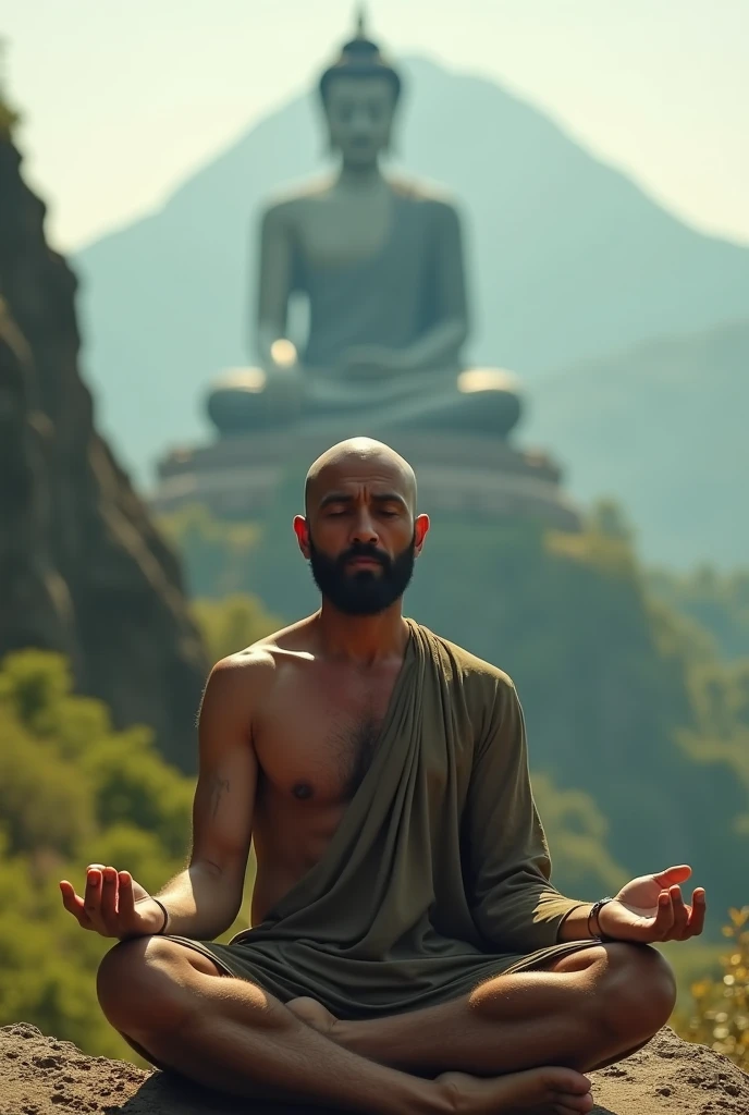 A bald Brazilian favela man meditating on a green mountain peak, dry shaping, with a huge blurred Buddha statue behind.