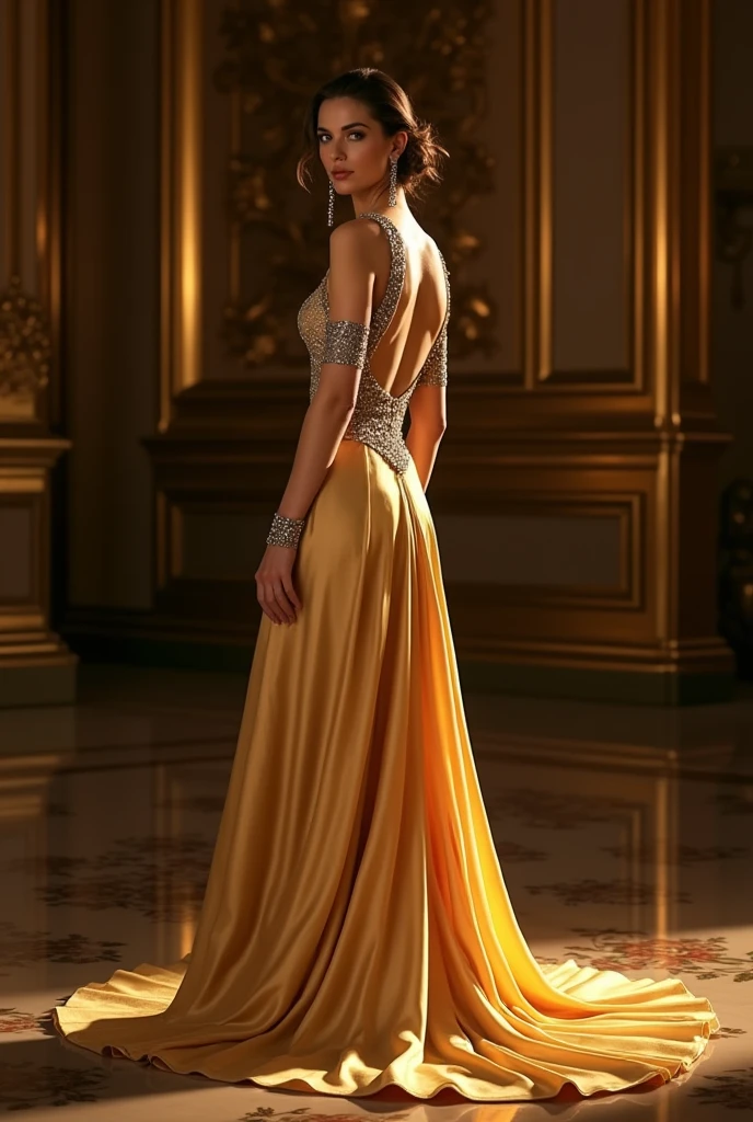 Create a long gold dress with silver details that covers the neck and the back is completely bare and the leg is also bare.