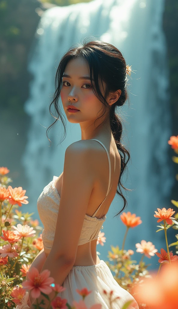 (((Full body portrait of a woman))),(Model shooting style), (shy), 1 female, , Shiny black hair、 Very detailedな顔の特徴, beautiful eye, cute, Cheeks are a little red,bright, eye, Stunning beauty, (Butterfly Light), ARRI Lenses, Surreal, (ผิวที่มีความใส่ใจMore information:1.2),4K,Arie Alexa LF,contract, Dramatic edge lighting,Sparkle Effect, high quality,とても繊細でbeautiful, wonderful, More information, masterpiece, Very detailed, High resolution,Best Shot, (Best Shadow),beautiful contrast,complicated,Sharp focus, high quality, 日本人1 female, alone.cute,Fuka Koshiba,Yuki Sakurai,Magnificent waterfalls,(Water Drop,rainbow),Water Dropคล้ายหมอก,Wet,Lens flare,No sleeve,court,beautiful breasts,Swallowtail,Butterflies flutter by,Cool eye,Glossy Lips,A bored smile,Glowing Skin,Beautiful Skin,From above,((Open your arms)),Waistline,beautiful ,((Upper body naked, very good, Naked underneath., Bare Chest, Barely cover the nipples)),((Wet, Her clothes are transparent, Her body and skin are sweaty)),((Rear view, From above見た図, Bare back)),bloom, Flowers are blooming everywhere,Face blur,ARRI 35mm Lens flare,Sparkling eye,bright red