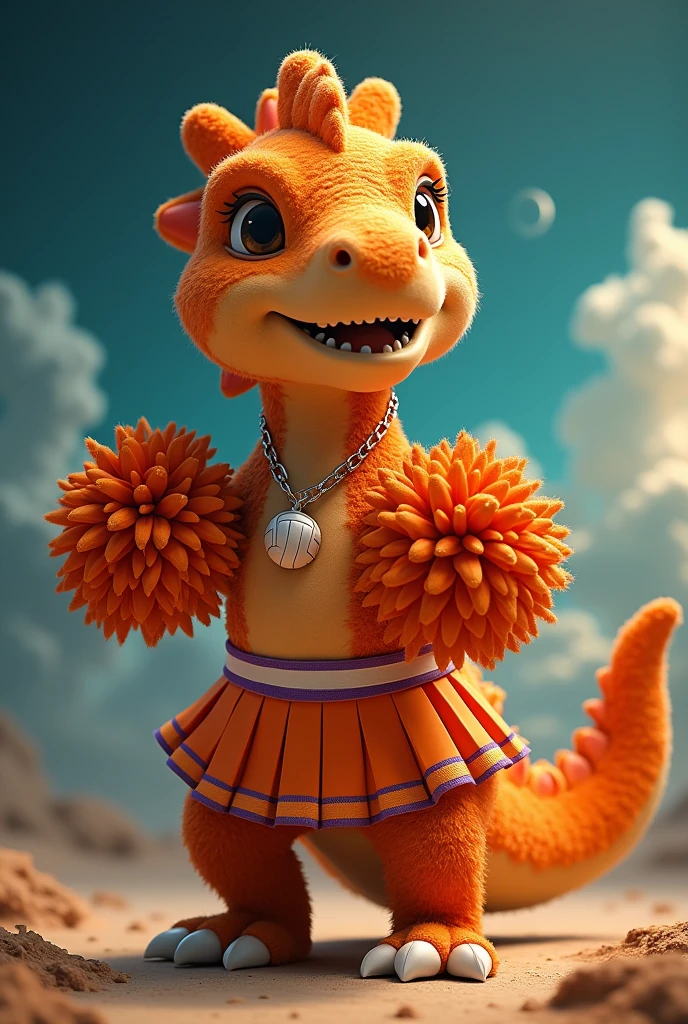 make a friendly furry dinosaur cheerleading costume from those basketball team cheerleaders, but make this one volleyball, and the cute orange color that looks like a fantasy and reminds me of a dinosaur with a tiny volleyball ball necklace