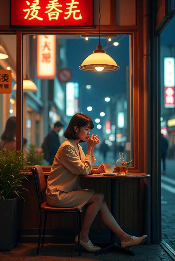 City Pop　Tatsuro Yamashita album jacket　A girl is listening to music on her bedside phone at a street corner cafe