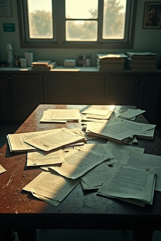 A photo taken from above of medical examiner paperwork on the table, extremely realistic and not so good quality, that a window is visible and that it is 7 o'clock:00pm