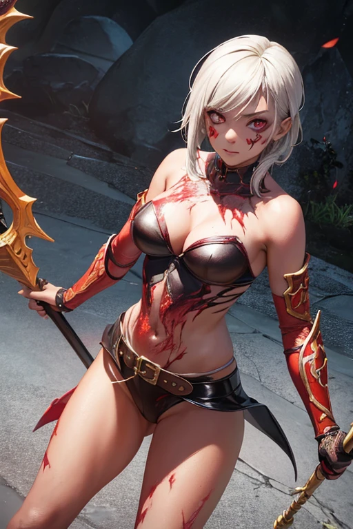 girl, Rotten Zombie Warrior, Evil look, sexy,  Wield a spear, Demon Armor, Face Paint, Body Paint, Red glowing eyes, Combat Stance, Vibrant appearance, Creative Action, Imaginative, Sensual, Voluntary, Highest quality, Skin Texture, Intricate details, (Cinema Lighting), RAW Photos, 8k