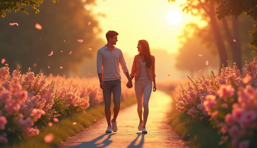 The couple is walking down a path lined with blooming flowers, hand in hand. The path is illuminated by the warm glow of a setting sun, and the atmosphere is peaceful and romantic.