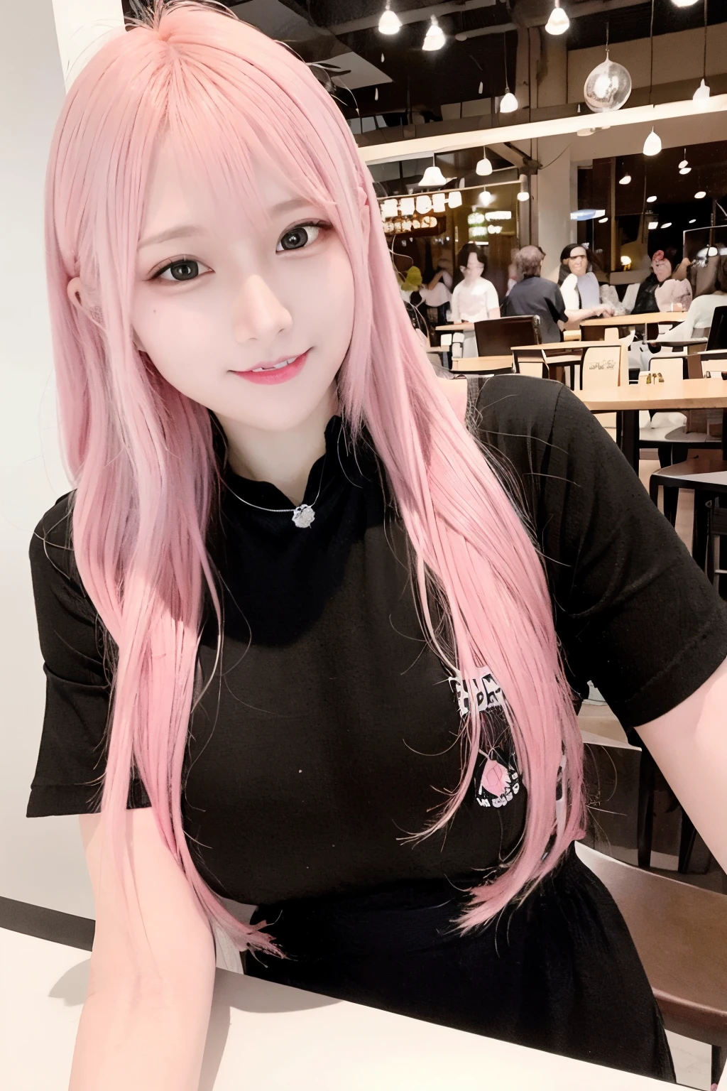 quality, 超Realistic, (Realistic:1.3)、最高quality、Ultra-high resolution、SLR、Very delicate、Japan 1 Female(Pink Hair、black eye、、Huge 、Adorable)、Natural smile、In town、In front of the cafe、Are standing、It is taken from a distance