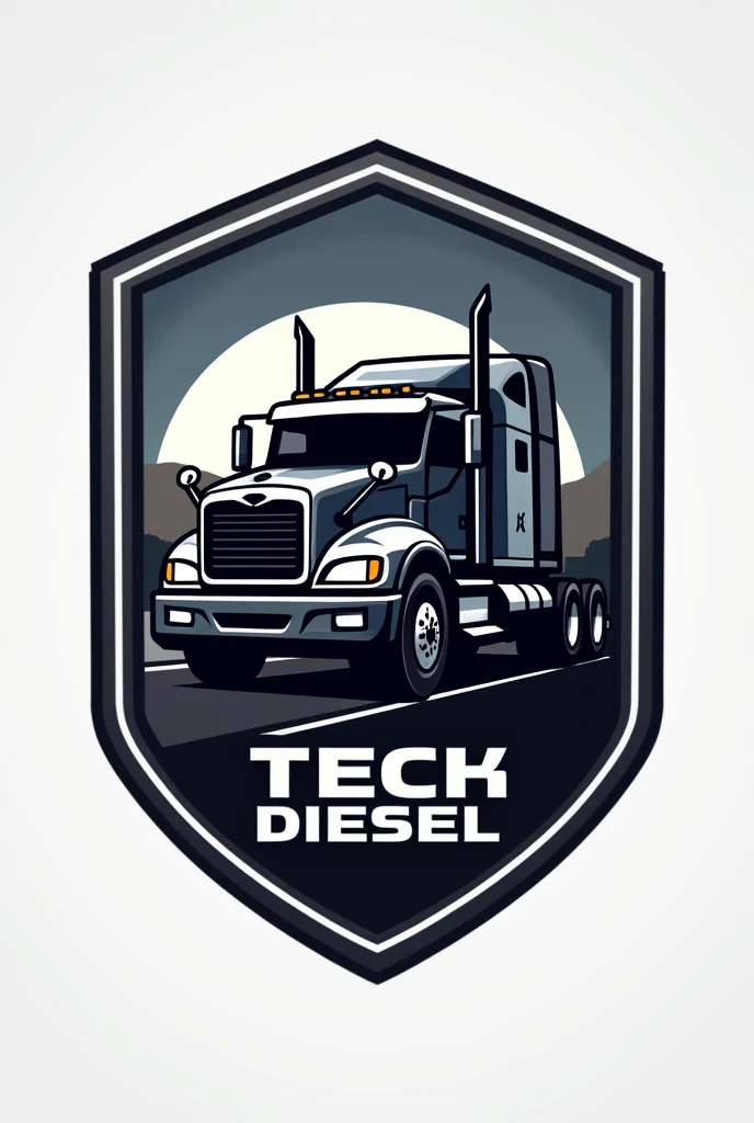 Create a shield-shaped logo for a company called tech diesel. Add a truck